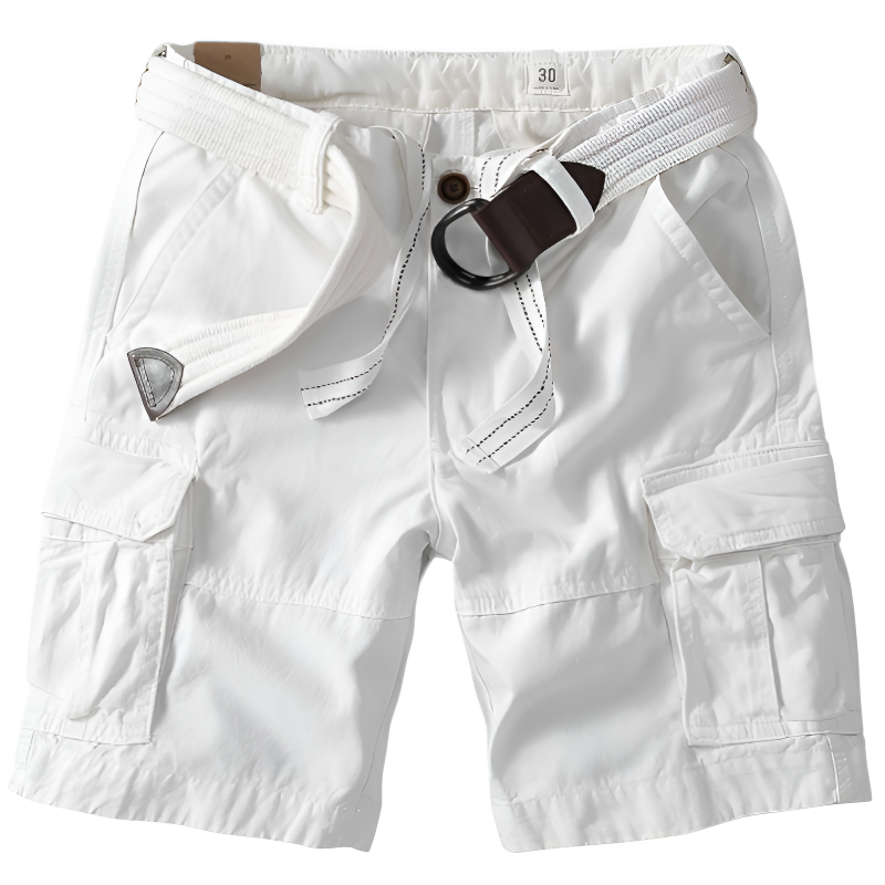 Khaki cargo shorts, white