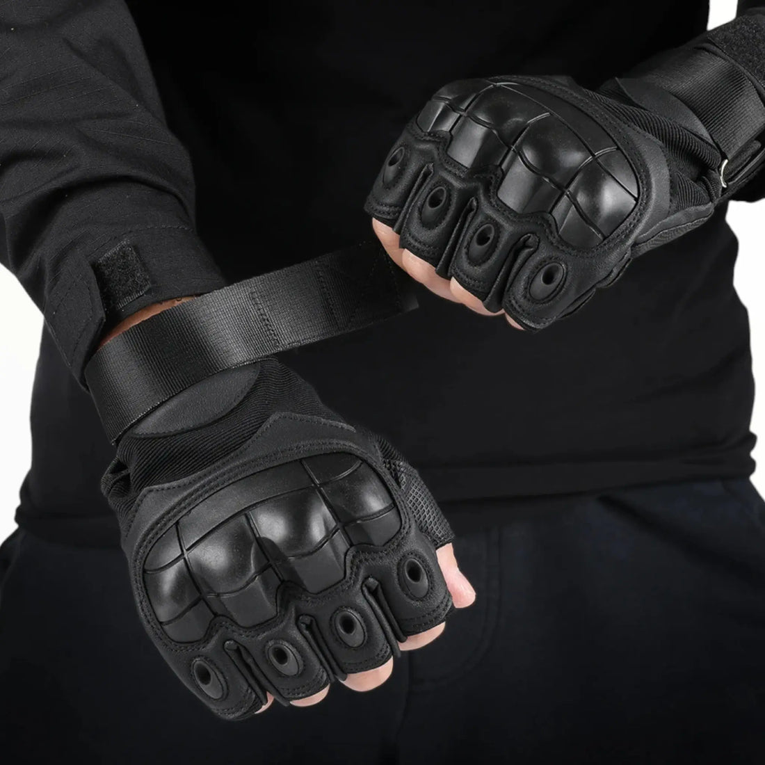 Black fingerless tactical gloves